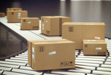 Closed cardboard boxes and wrapped with adhesive on conveyor roller. 3D Rendering