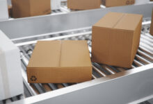 Packages delivery, packaging service and parcels transportation system concept, cardboard boxes on a conveyor belt in a warehouse. Three conveyor belts. 3d illustration